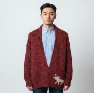 Vintage Hand Knitted Oversized V-neck Wool Knit Reindeer Sweater in Red L/XL